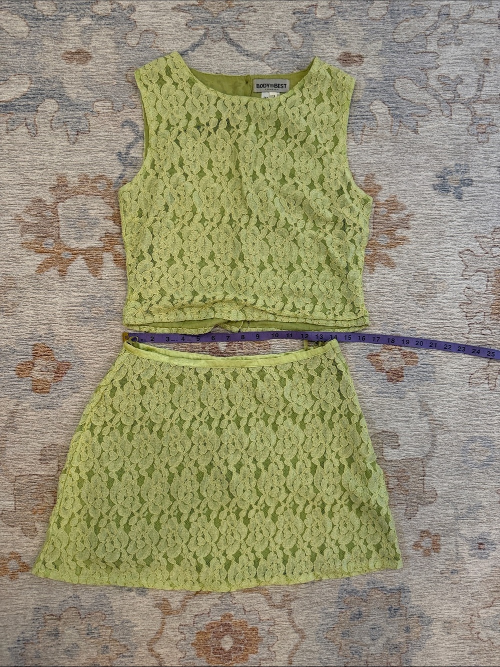 Body & Best London Green Lace 2 Piece Top Skirt Set Top Size 12 Skirt Size 14 - Picture 3 of 9